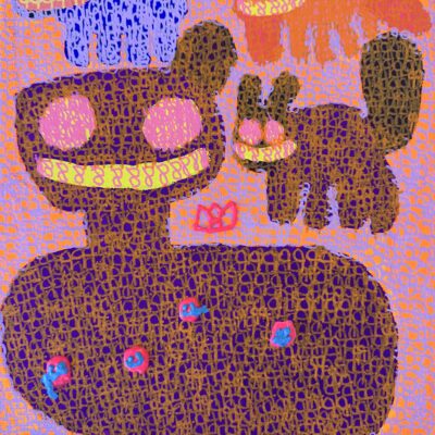 The purple bird is having a smiley day because it’s with the cat. (11x9")