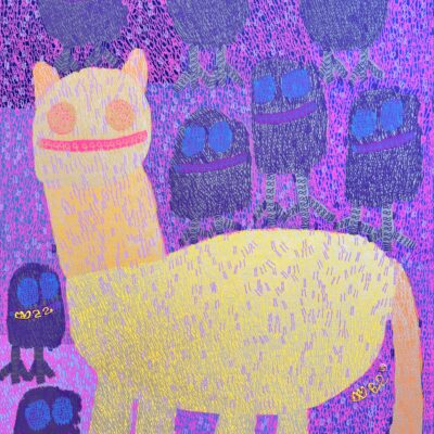 The horse is having a relaxing day because it's with Roosters (40x30")