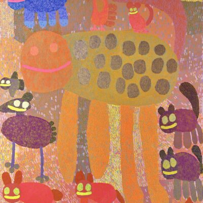 The leopard is having a perfect day because it's with the animal friends (60x72")