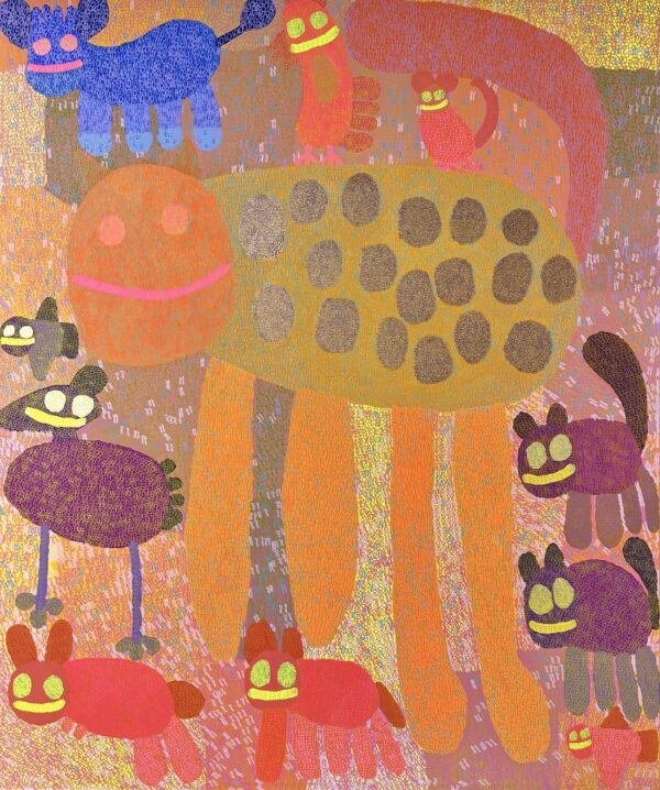 The leopard is having a perfect day because it's with the animal friends (60x72")