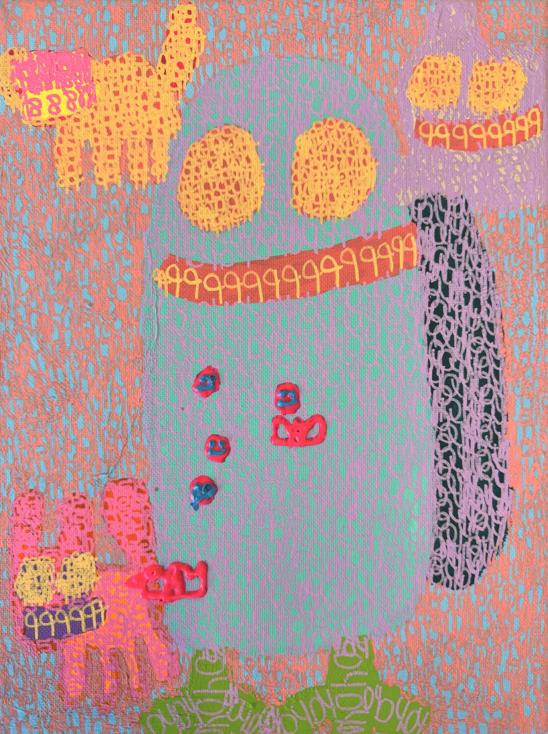 The birds are having a relaxing day and a smiley day because they are with donkey and cat. (9x11" on canvas)